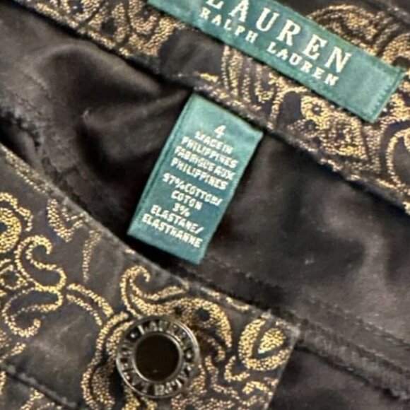 LAUREN Ralph Lauren Black/Gold Metallic Damask Style Print Jeans NWOT Size 4 - Picture 2 of 10